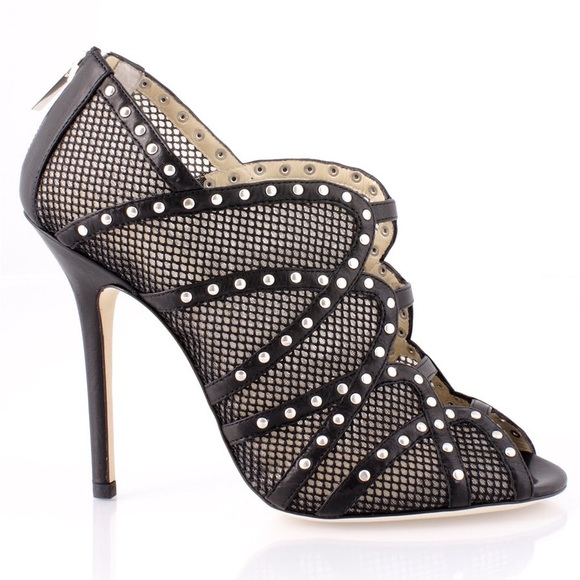 SOLD Jimmy Choo Karina Black Fishnet Studded Calf Leather Cage Heels with Box 37 - Picture 2 of 16